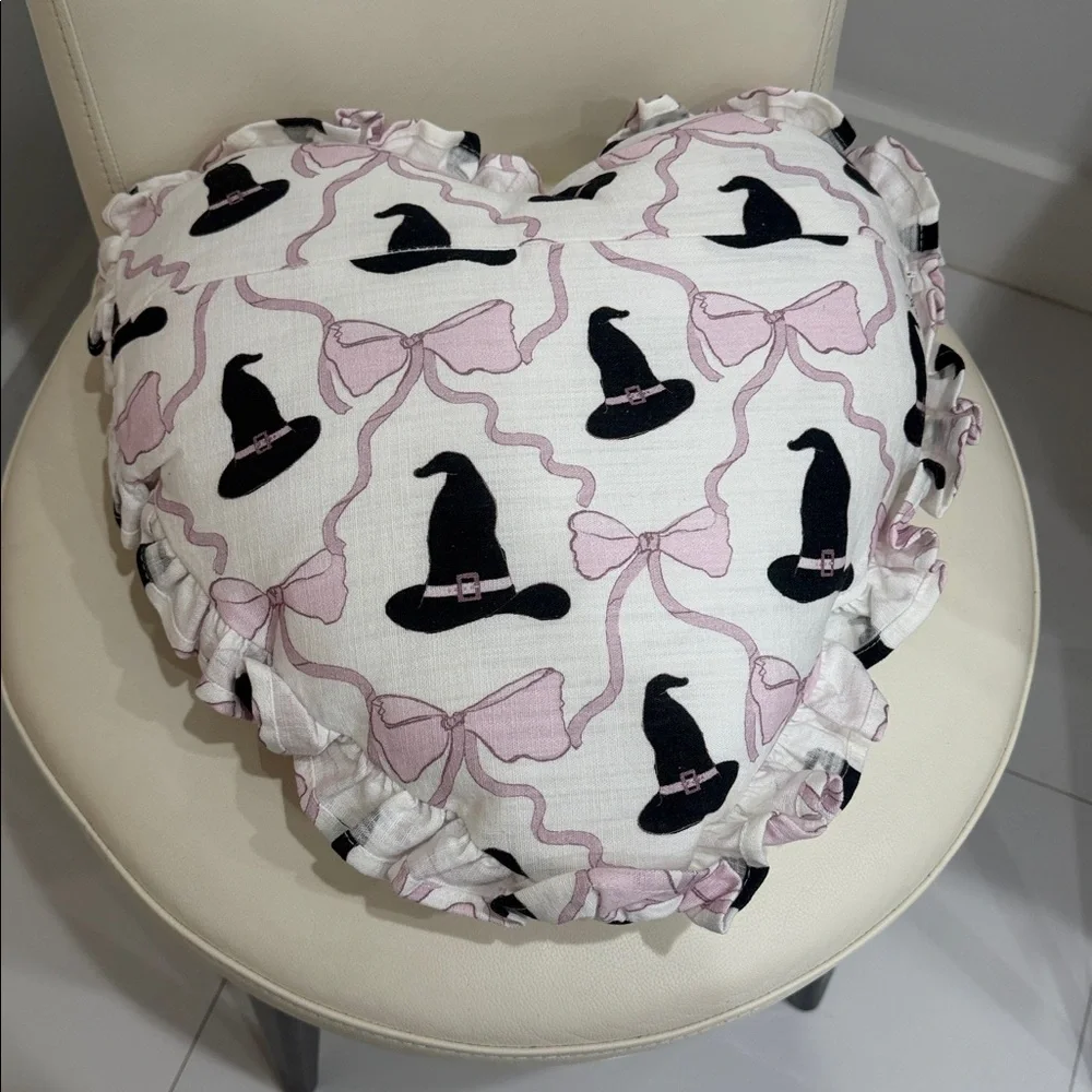 Full Moon Home Witch Hat & Bows White/Pink/Black Heart-Shaped Holiday Pillow